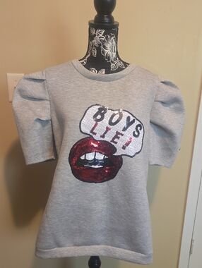 Womemz Grey Puff Sleeve Sequin Graphic Sweatshirt